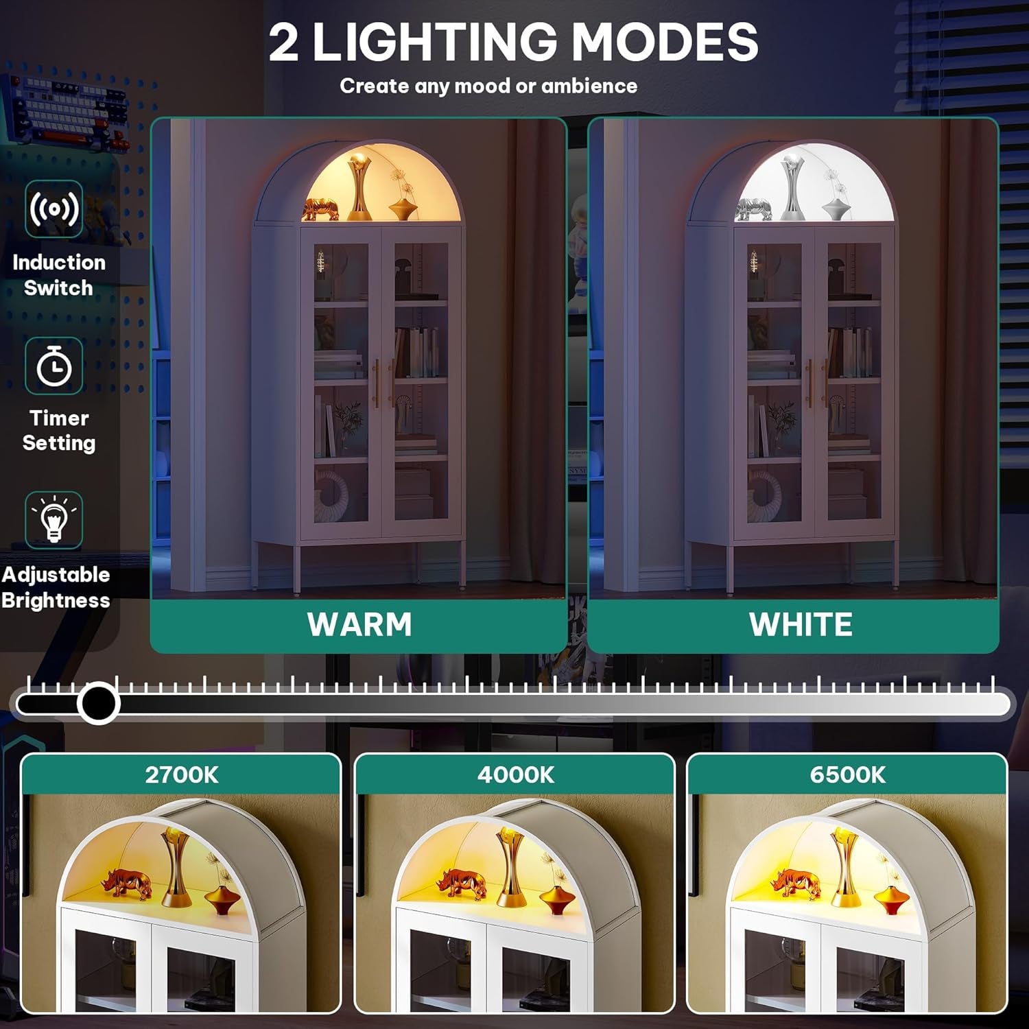 71" Arched Glass Display Cabinet, Tall Metal Storage Cabinet with Adjustable Shelves and Glass Doors, White