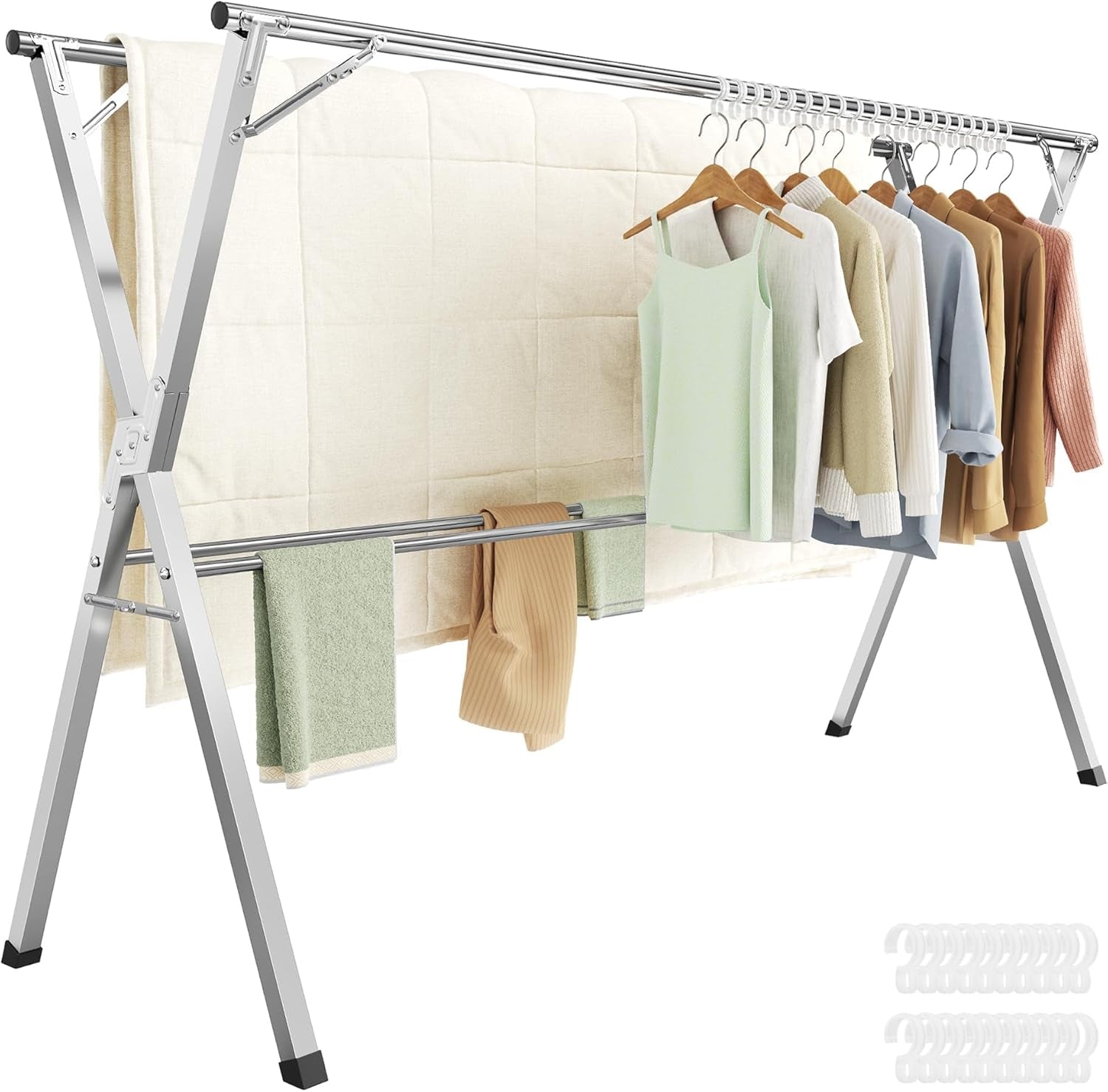 Clothes Drying Rack, Heavy-Duty Laundry Drying Rack, 56.3-93.7 Inches Extendable, Foldable Freestanding Airer, Stainless Steel, for Indoor Outdoor Use, Dove Gray ULLR903E01