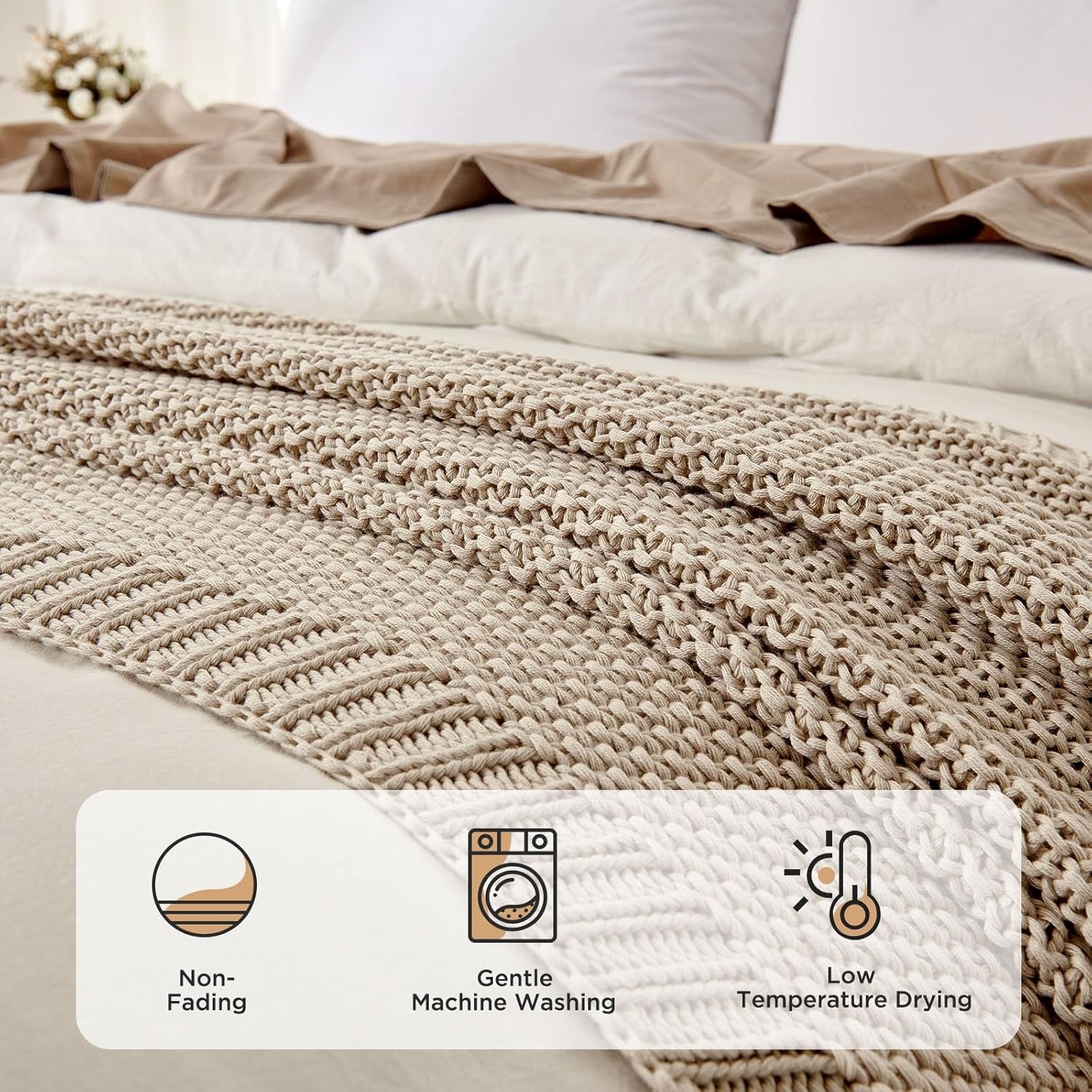 Chunky Cable Knit Throw Blanket, Lightweight 100% Organic Cotton Soft Cozy Throw Twin Blanket for Couch Bed and Sofa, Rustic Breathable Farmhouse Blanket Gift for Women Men(Beige, 51"X63")