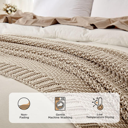 Chunky Cable Knit Throw Blanket, Lightweight 100% Organic Cotton Soft Cozy Throw Twin Blanket for Couch Bed and Sofa, Rustic Breathable Farmhouse Blanket Gift for Women Men(Beige, 51"X63")