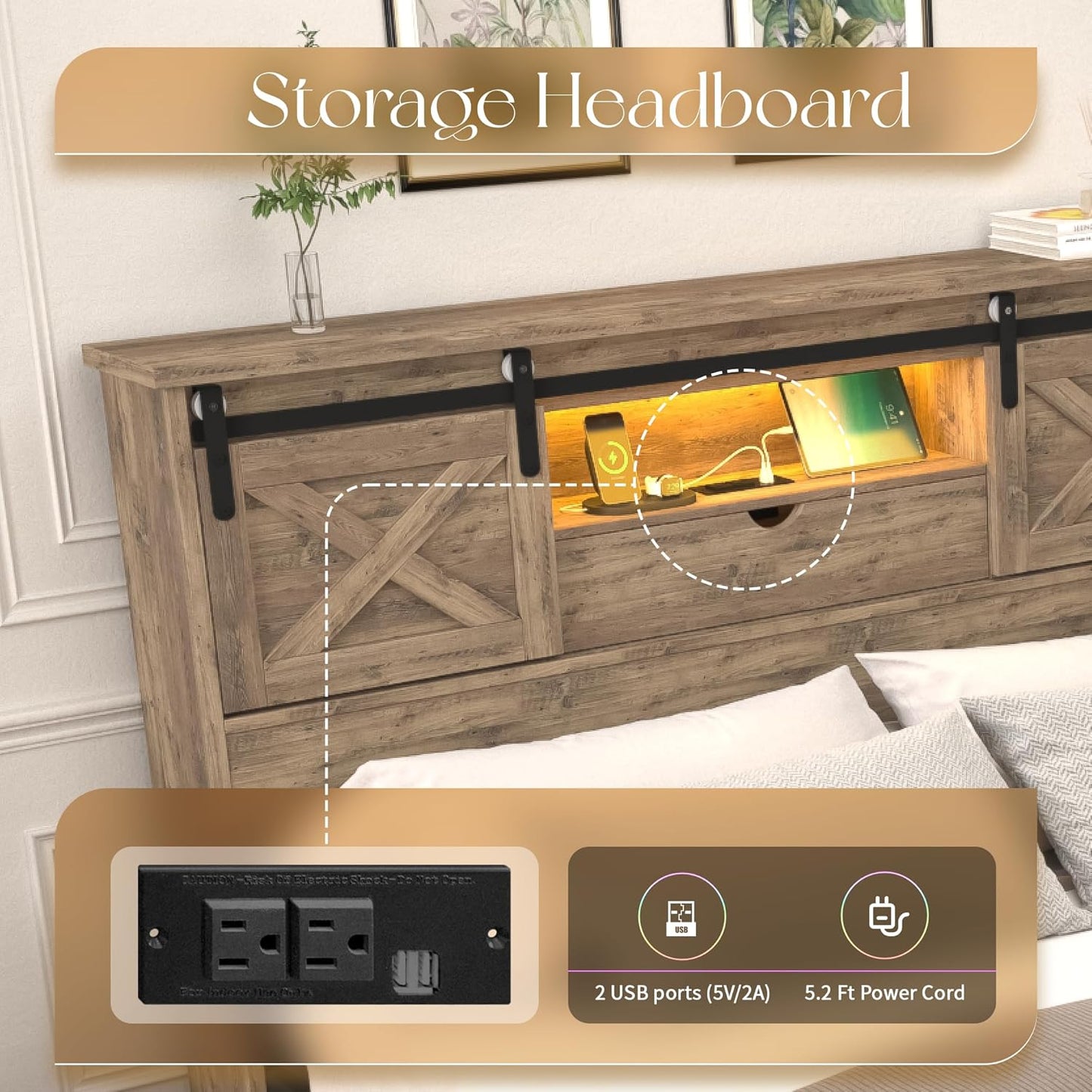 Farmhouse Queen Size Bed Frame with Storage Bookcase Headboard, Wooden Bed with LED Lights, Charging Station, 2 Drawers, Rustic Bed Frame with Sliding Barn Door for Bedroom (Grey Oak, Queen)