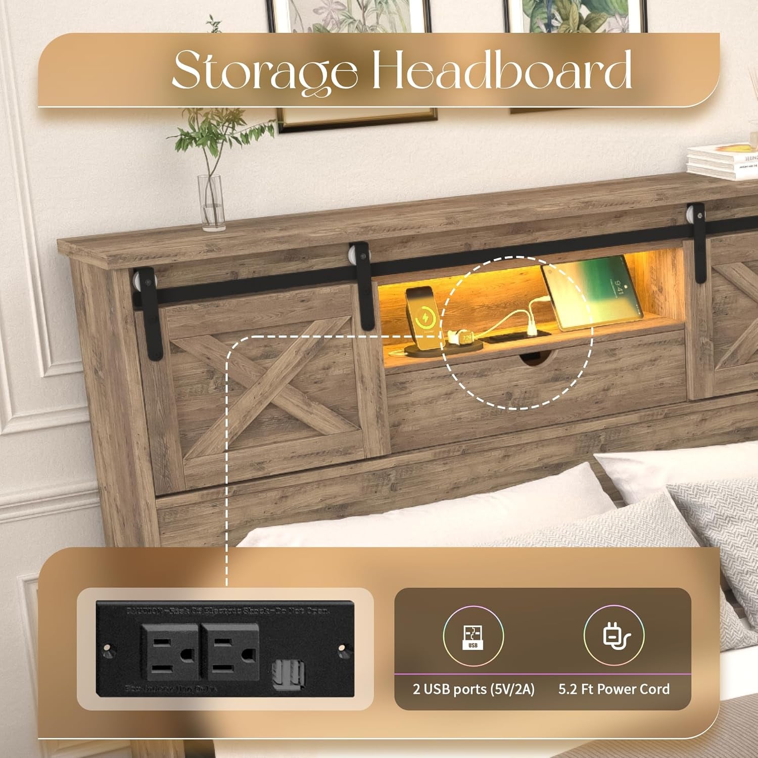 Farmhouse Queen Size Bed Frame with Storage Bookcase Headboard, Wooden Bed with LED Lights, Charging Station, 2 Drawers, Rustic Bed Frame with Sliding Barn Door for Bedroom (Grey Oak, Queen)