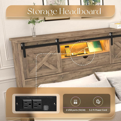 Farmhouse Queen Size Bed Frame with Storage Bookcase Headboard, Wooden Bed with LED Lights, Charging Station, 2 Drawers, Rustic Bed Frame with Sliding Barn Door for Bedroom (Grey Oak, Queen)