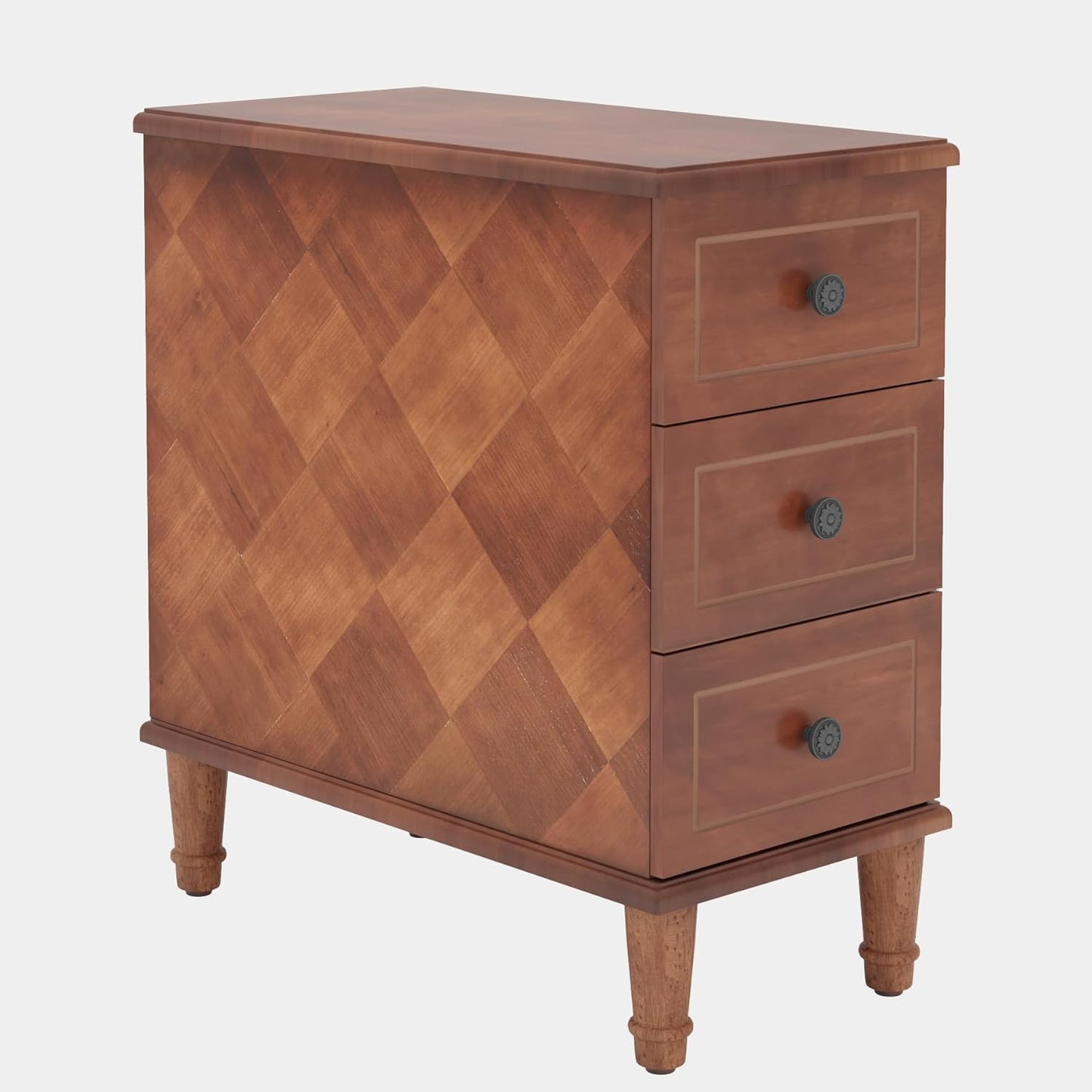 Solid Wood End Table, Fully Assembled Narrow Side Table with Drawers, Pre-Assembled Nightstand Slim Bedside Table for Small Spaces, Living Room, Bedroom, Brown