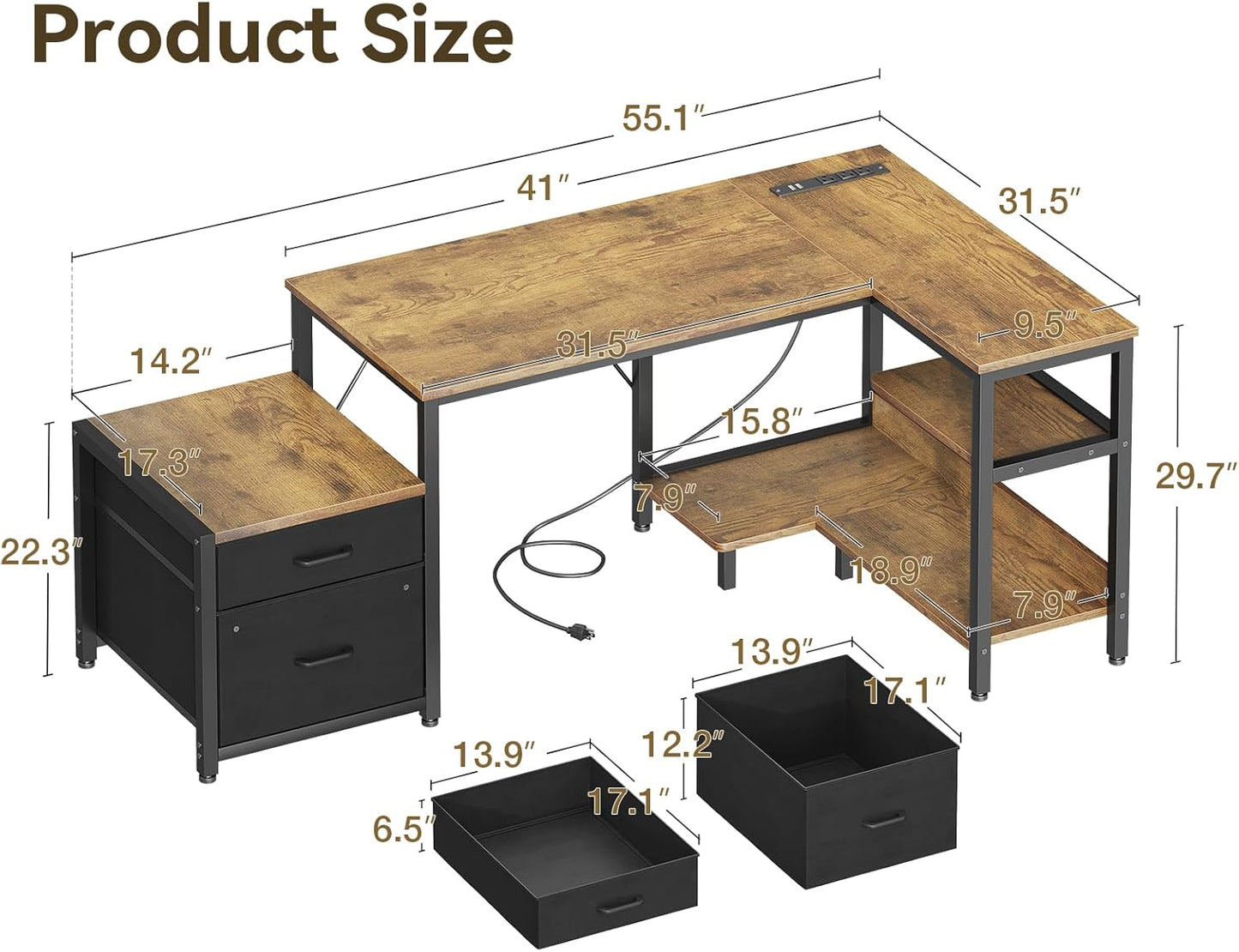L Shaped Desk with Drawers & File Cabinet, Reversible Computer Desk with Storage Shelves & CPU Stand, Corner Desk with Power Outlets, L Desk for Home Office, Rustic Brown