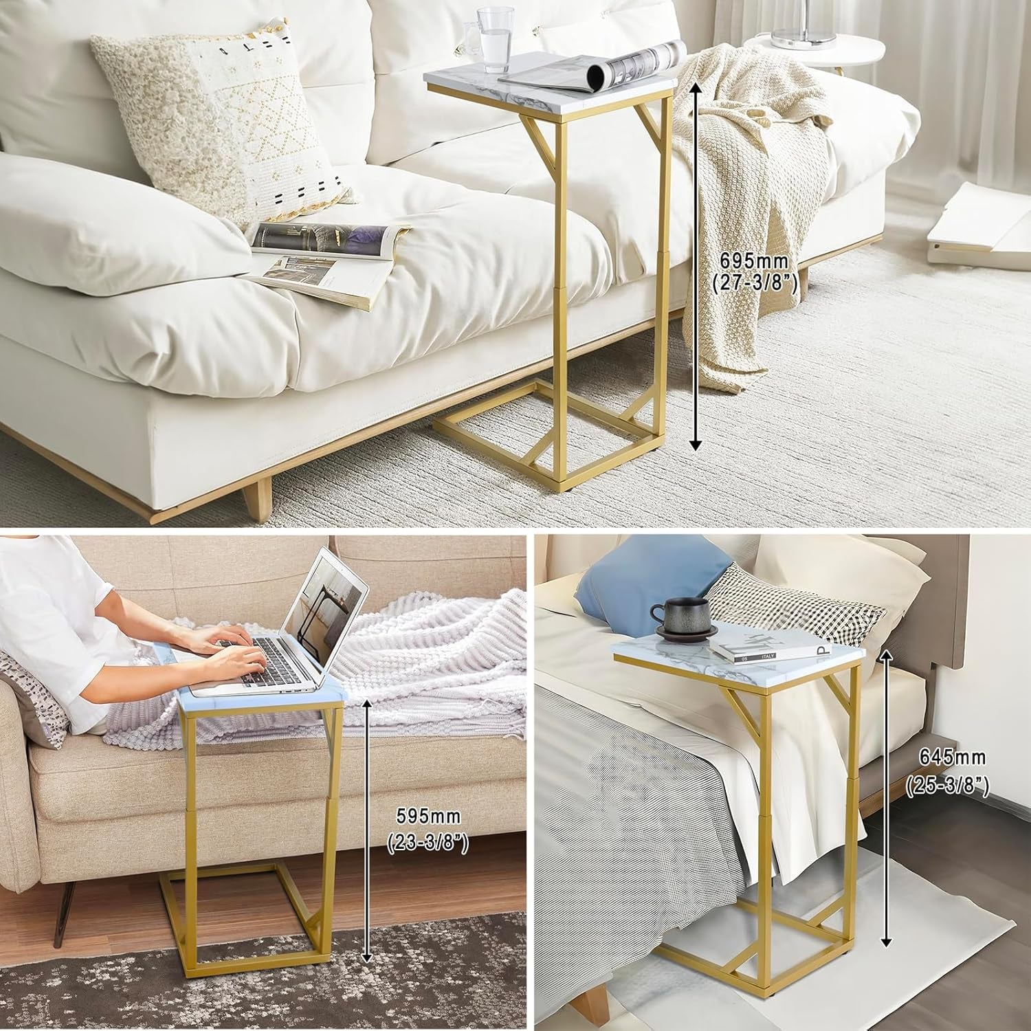 C-Shaped End Table, Sturdy Side Table for Couch Sofa Bedside Small Space,C Snack Table TV Tray Record Player Stand Small Tables for Living Room Bedroom,Easy to Assemble,Gold