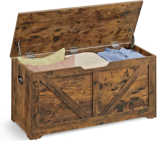 Storage Chest, Storage Trunk with 2 Safety Hinges, Storage Bench, Shoe Bench, Farmhouse Style, 15.7 X 39.4 X 18.1 Inches, for Entryway, Bedroom, Living Room, Rustic Brown ULSB060T01