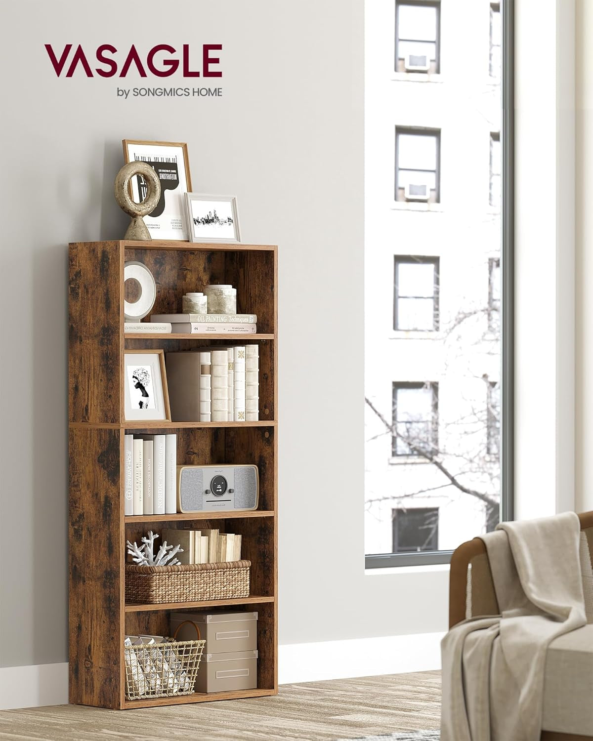 CUSTOS Collection - Bookshelf, 5-Tier Bookcase, Book Shelf, Open Storage Shelf, 9.4 X 23.6 X 52.8 Inches, for Living Room, Home Office, Dinning Room, Rustic Brown ULBC165X01