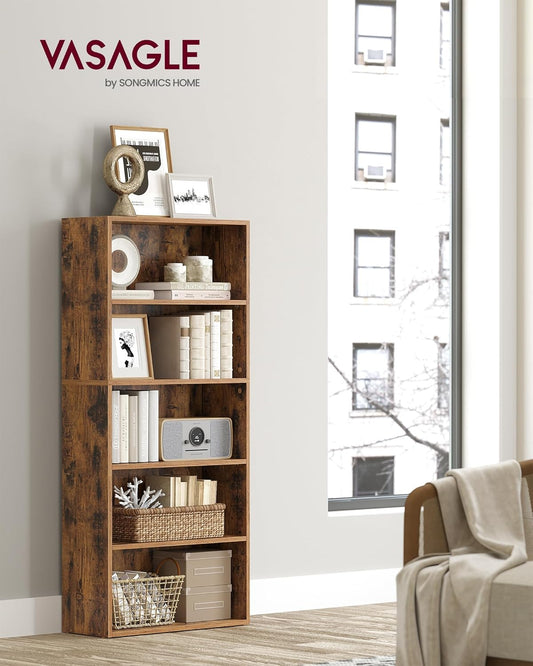 CUSTOS Collection - Bookshelf, 5-Tier Bookcase, Book Shelf, Open Storage Shelf, 9.4 X 23.6 X 52.8 Inches, for Living Room, Home Office, Dinning Room, Rustic Brown ULBC165X01