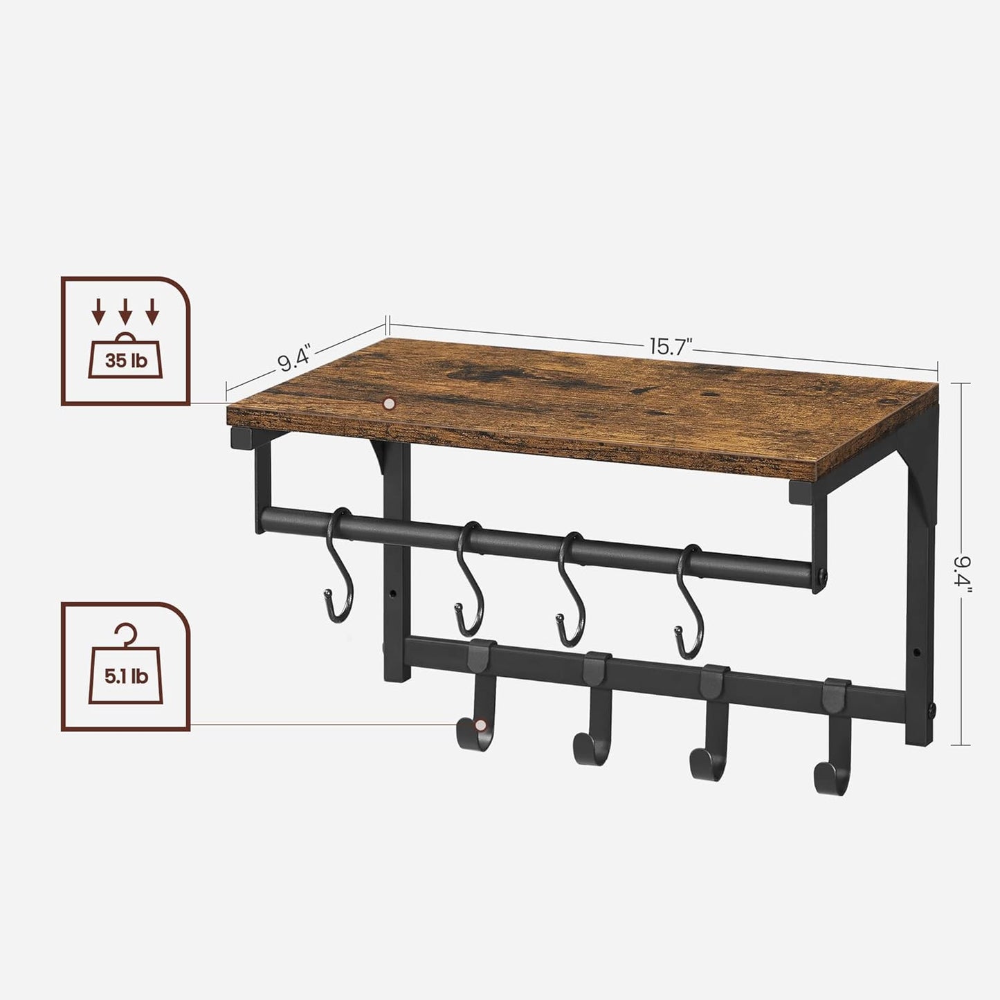 Laundry Room Shelf Wall Mounted, Coat Rack Shelf, with 8 Removable Hooks, for Entryway, Living Room, Kitchen, Bedroom, 15.7 X 9.4 X 9.4 Inches, Rustic Brown and Black ULCR103B01