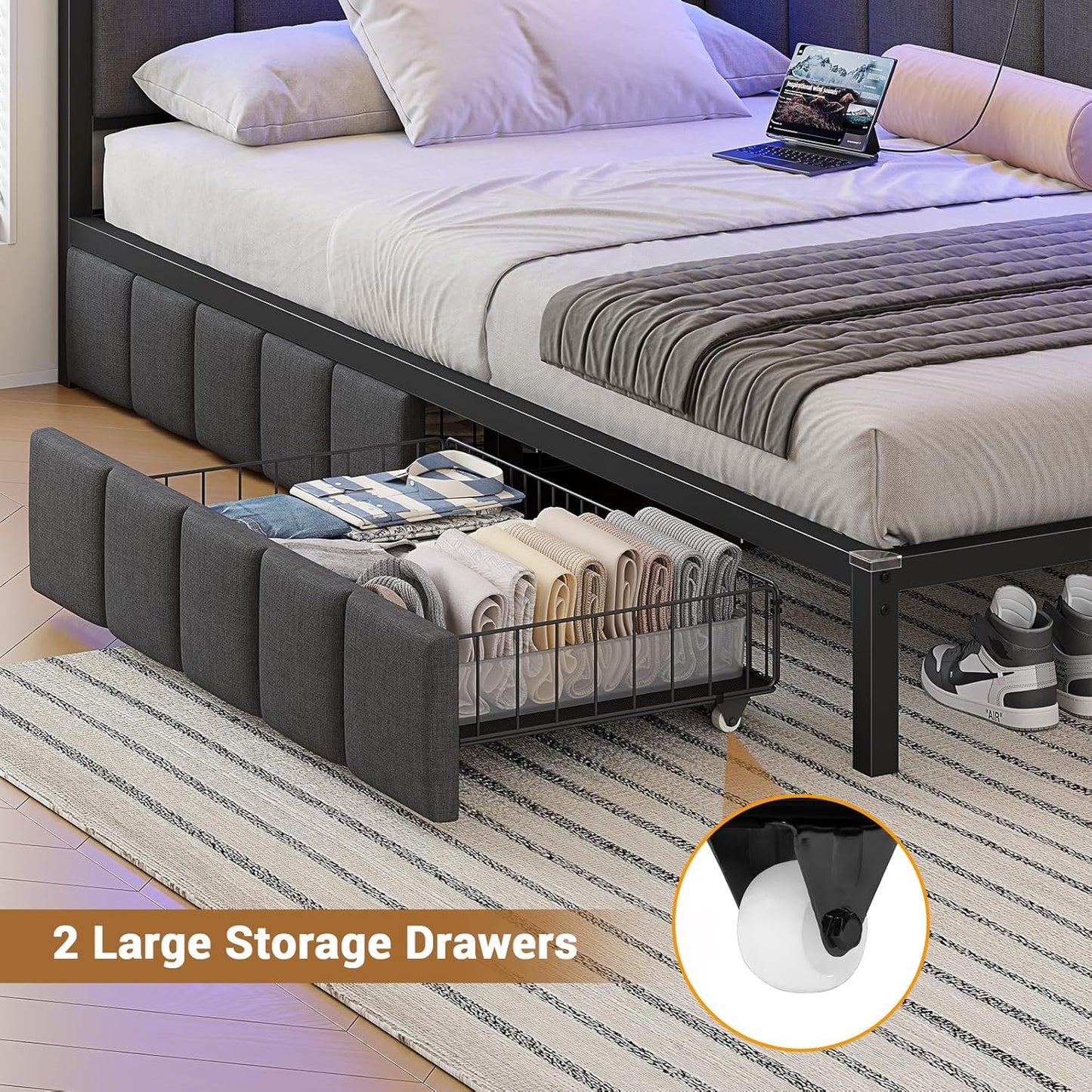 Corner Bed Frame with Storage Drawers, Twin Daybed with Line Fabric Upholstered Fence, Kids Bed Unit with LED Light and Charging Station, Modern Bed Frame
