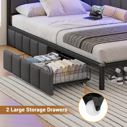 Corner Bed Frame with Storage Drawers, Twin Daybed with Line Fabric Upholstered Fence, Kids Bed Unit with LED Light and Charging Station, Modern Bed Frame