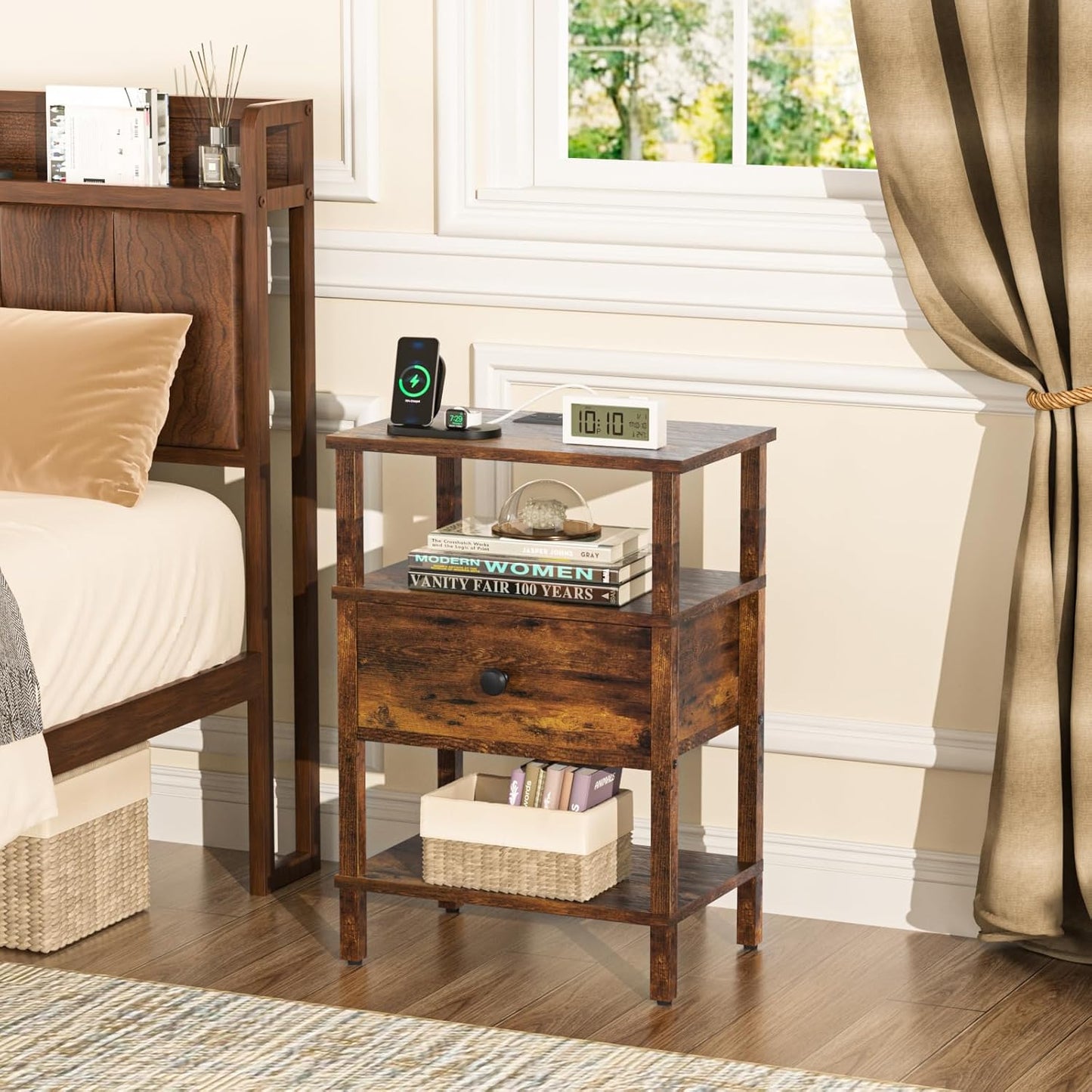 Nightstand with Charging Station and USB Ports, 3-Tier Storage End Table with Drawer Shelf, Night Stand for Small Spaces, Wood Bedside Table for Living Room, Bedroom - Retro Brown…