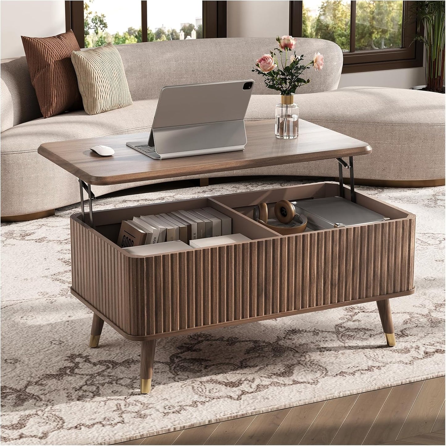 Lift Top Coffee Table with Storage Shelf & Hidden Compartment, Mid Century Modern Fluted Rectangle Dining Table for Living Room, Home Office, Walnut