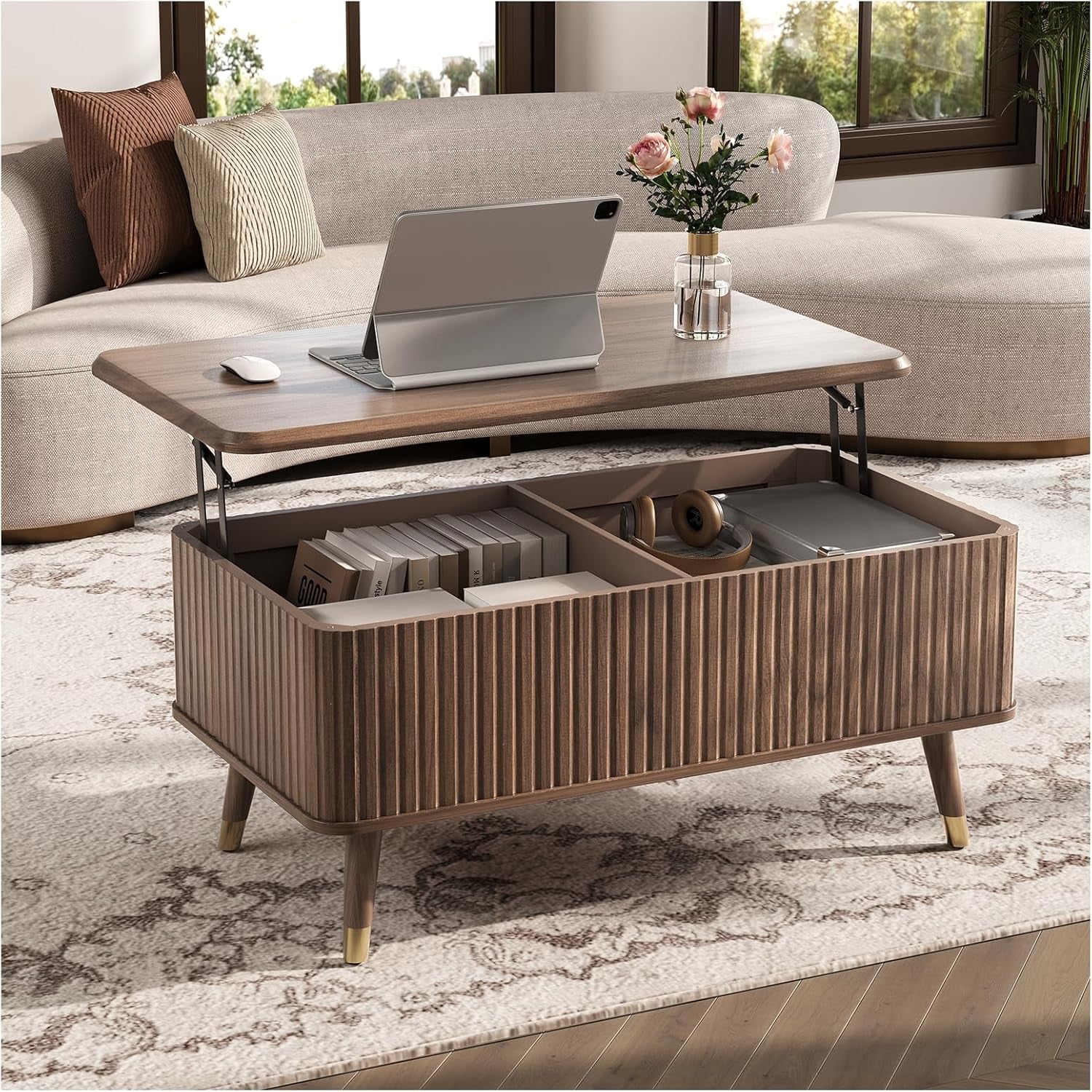 Lift Top Coffee Table with Storage Shelf & Hidden Compartment, Mid Century Modern Fluted Rectangle Dining Table for Living Room, Home Office, Walnut