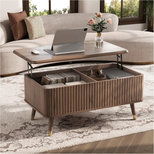 Lift Top Coffee Table with Storage Shelf & Hidden Compartment, Mid Century Modern Fluted Rectangle Dining Table for Living Room, Home Office, Walnut