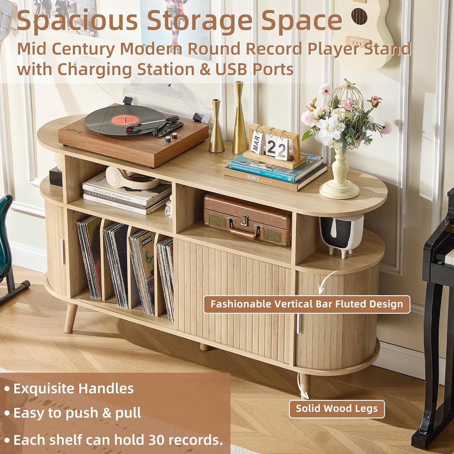 Large round Record Player Stand with Charging Station & Fluted Panel, Natural Mid Century Modern Turntable Cabinet with Vinyl Storage, Arched Wood Record Player Table for Living Room