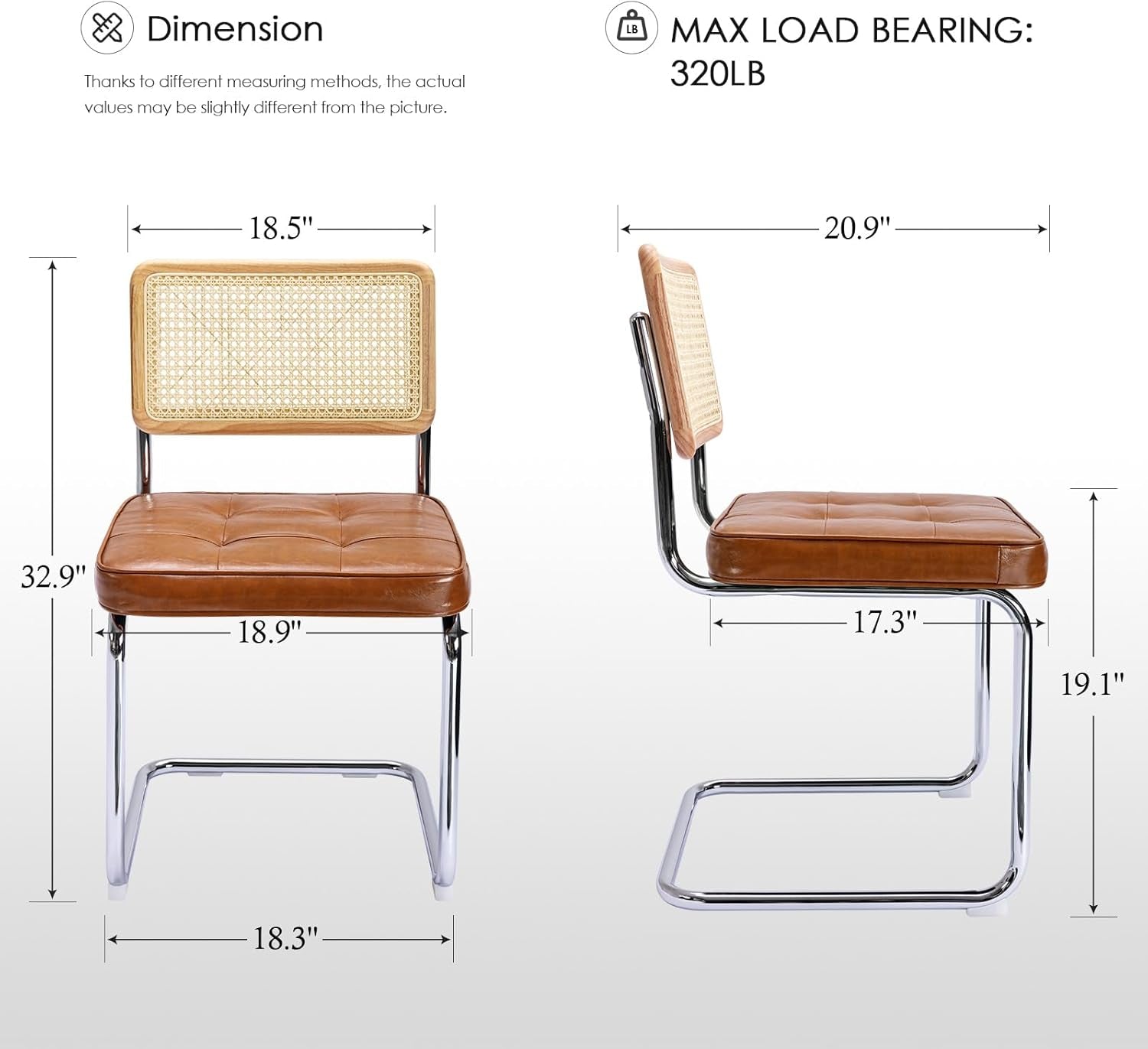 Natural Rattan Dining Chairs Set of 2, Modern Dining Room Chairs with Solid Wood Back for Kitchen Living Room, Mid Century Breuer Design Inspired, Upholstered Faux Leather Brown