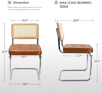 Natural Rattan Dining Chairs Set of 2, Modern Dining Room Chairs with Solid Wood Back for Kitchen Living Room, Mid Century Breuer Design Inspired, Upholstered Faux Leather Brown
