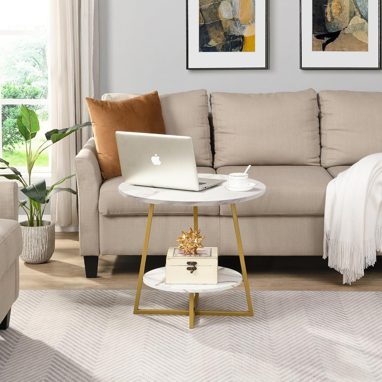 20" Living Room Side Table for Small Spaces, 2 Tier Wood Top round End Tables with Storage Shelf, Accent Sofa Table for Bedroom, Office, Sunroom, Balcony, White Faux Marble/Gold