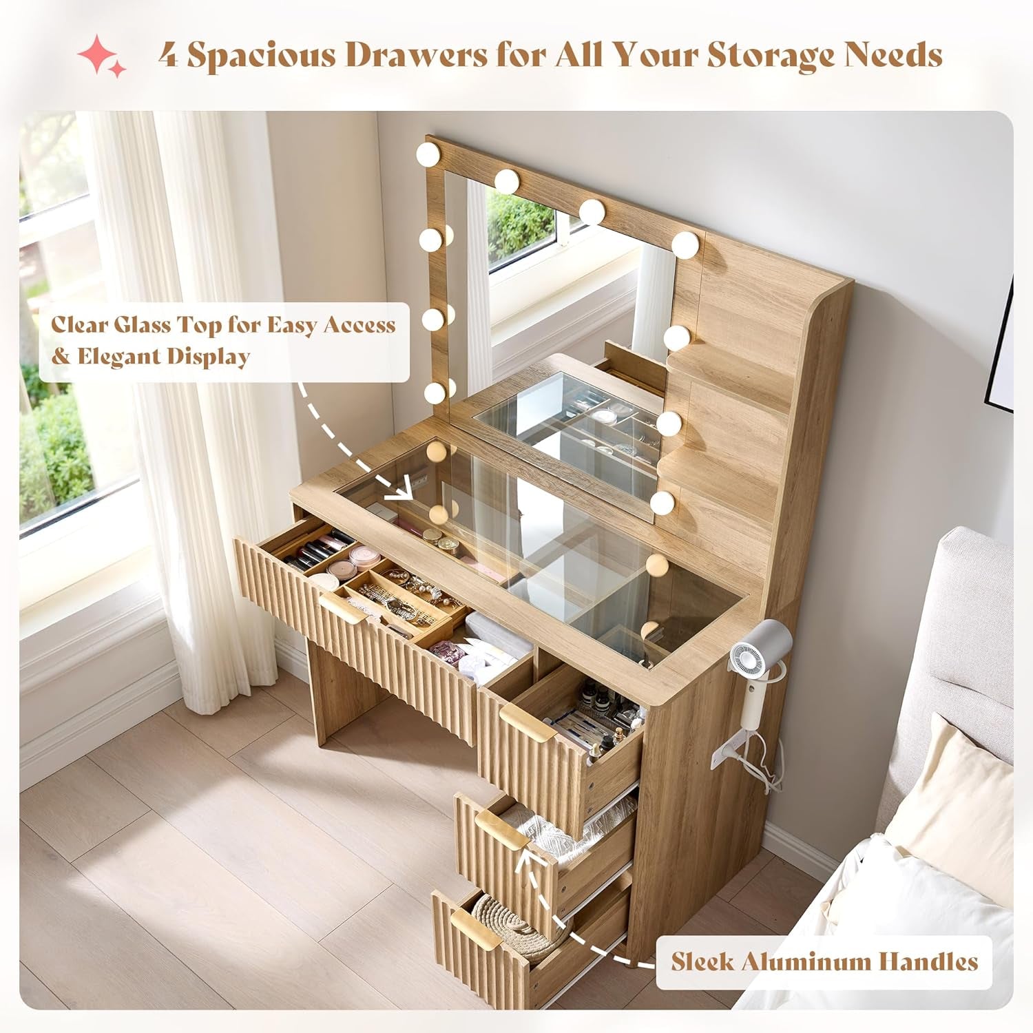36.2" Fluted Vanity Desk with Mirror and Adjustable LED Lights, Large 4 Drawers Makeup Table with Glass Top and Charging Station for Women and Girls, Bedroom or Dorm, Natural Oak