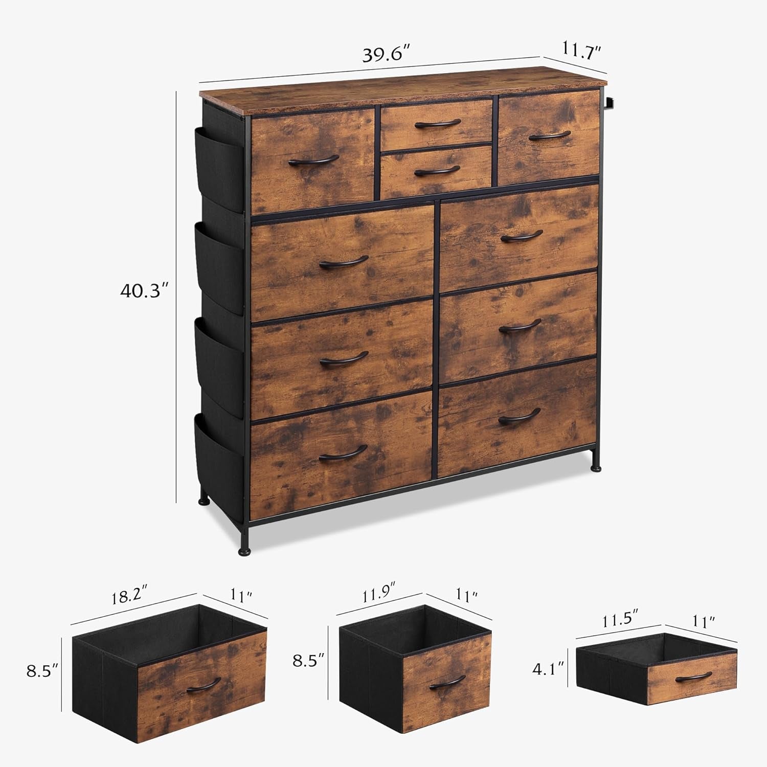 Fabric Dresser for Bedroom with 10 Drawers, Chest of Drawers with Side Pockets and Hooks, Sturdy Metal Frame, Drawers Organizer Unit for Living Room, Hallway, Rustic Brown Wood Grain Print