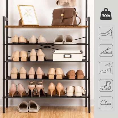 Hall Tree with Bench, Coat Rack with Shoe Storage, Shoe and Coat Rack, 5-Tier Entryway Shoe Storage, 5 Hooks, for 12-16 Pairs, Industrial, Hallway, Foyer, Mudroom, Rustic Brown BF74MT01