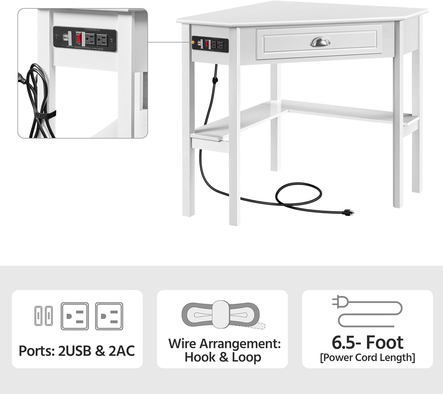 L Shaped Corner Computer Desk with Power Outlets, Reversible Triangle Workstation with USB Ports and Hook for Small Space, Modern Home Office Desk Gaming Table with Drawer & Shelf, White