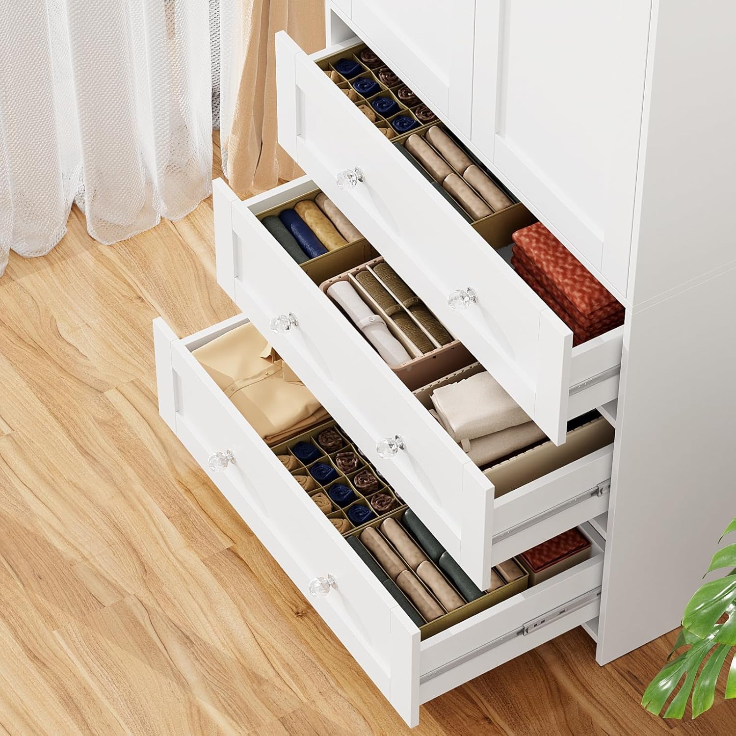 Armoire Wardrobe Closet with Drawers and Mirror, 71" Clothing Storage Cabinet with Hanging Rod, 2 Doors Wooden Wardrobe Cabinet for Bedroom, Large Capacity Storage, White