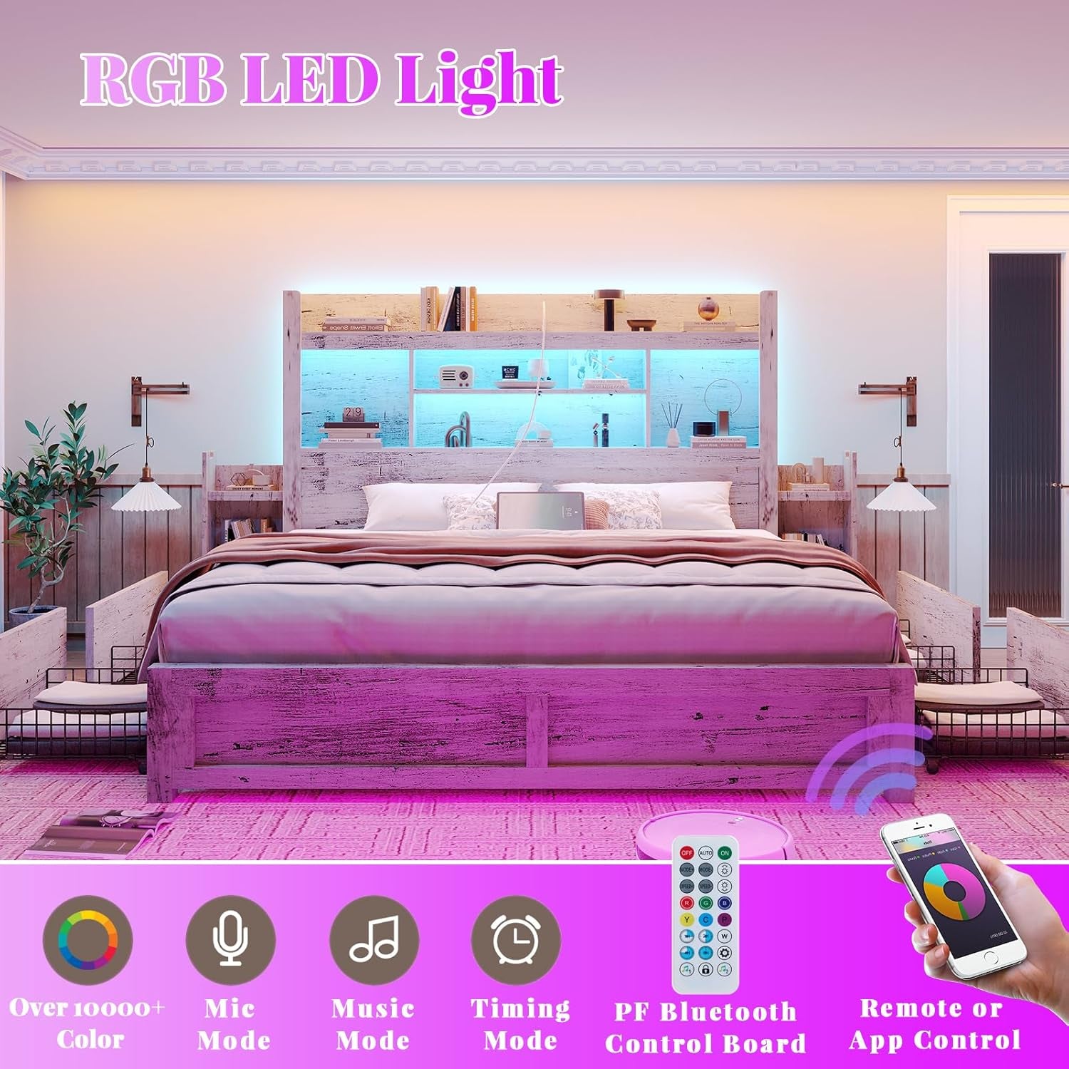 King Bed Frame with 49.6" Bookcase Headboard & 2 Bedside Stoage Racks & 4 Drawers, Farmhouse Wood Bed Frame with RGB LED & Charging Station, No Box Spring Needed, Distressed White