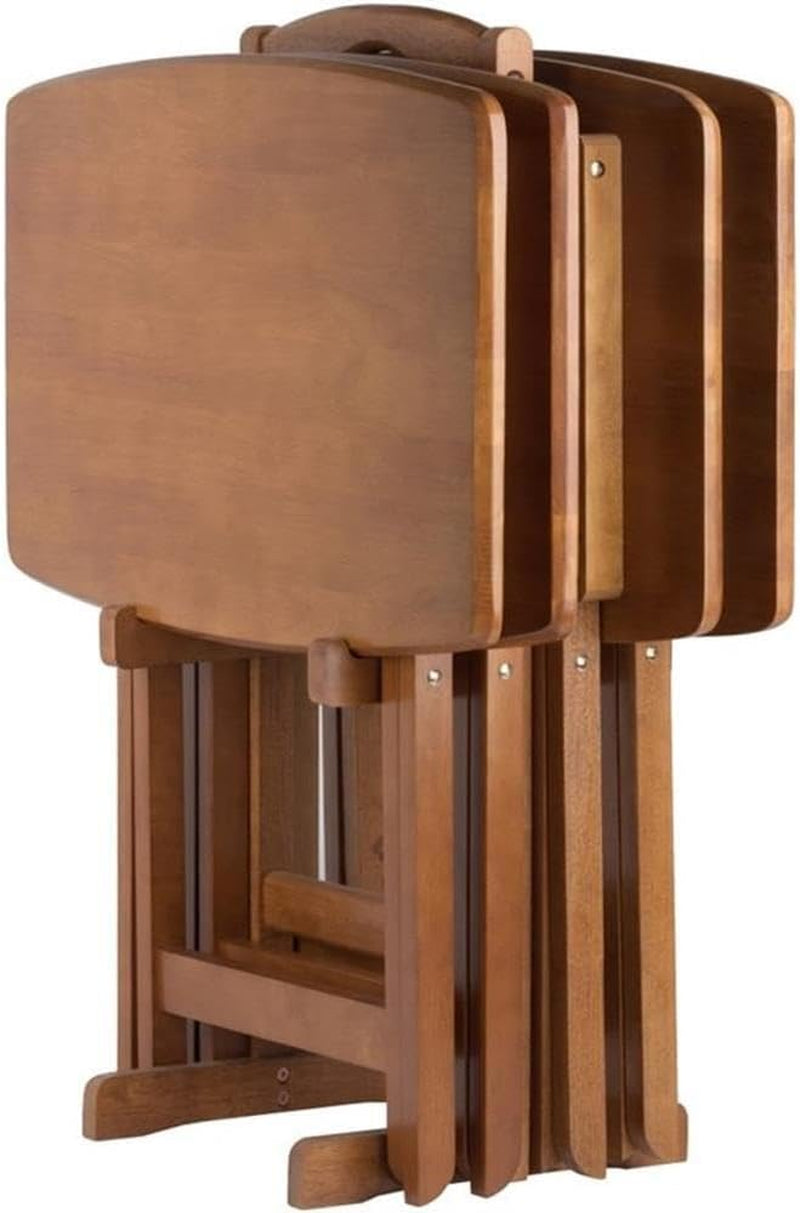 24" W X 12" D Transitional Oversized Solid Wood Snack Table Set with Storage Stand, Curved Sides, Rounded Corners, X-Frame Bases, No Assembly Required, in Brown Finish (Set of 5)