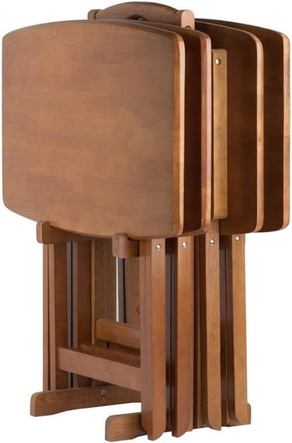 24" W X 12" D Transitional Oversized Solid Wood Snack Table Set with Storage Stand, Curved Sides, Rounded Corners, X-Frame Bases, No Assembly Required, in Brown Finish (Set of 5)
