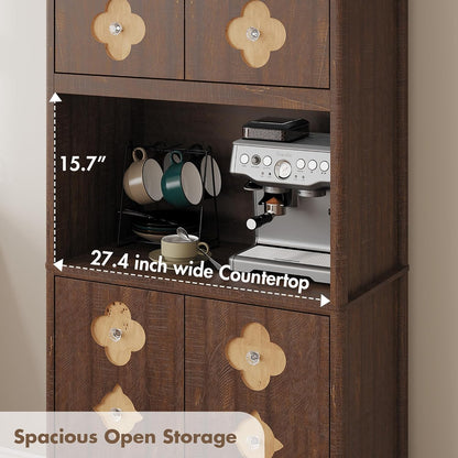 72" Tall Pantry Cabinet, Kitchen Hutch Storage Cabinet with Countertop for Microwave, Freestanding Wooden Cupboard with Carved Door & Crystal Handle, for Dining Room, Living Room, Reddish Brown