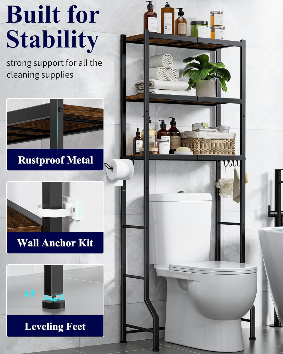 Over-The-Toilet Storage Rack - Freestanding over the Toilet Storage Cabinet with Paper Holder & Hooks, Bathroom Organizers and Storage, Brown + Black, 3 Tiers (61" H)