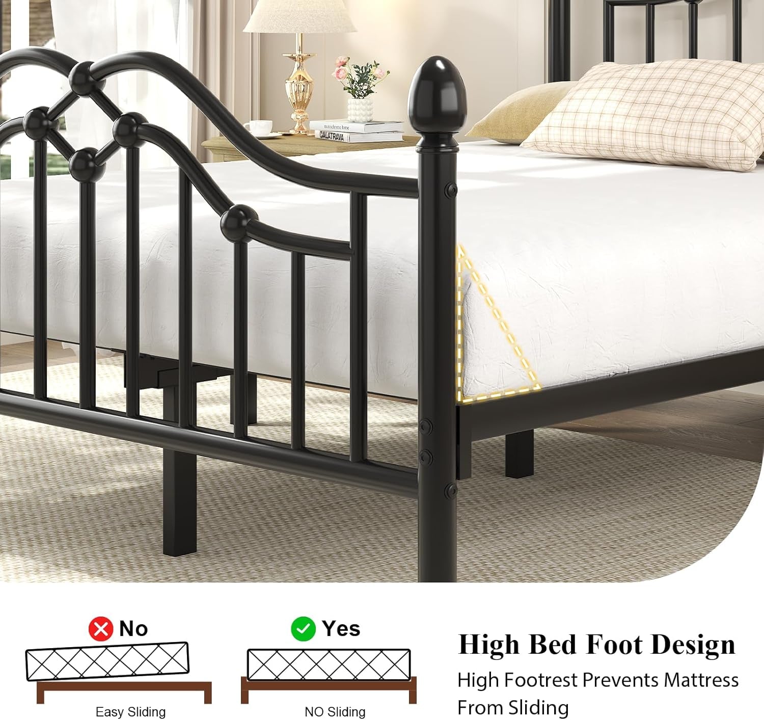 Queen Metal Bed Frame with Headboard and Footboard, Modern Iron Platform Bed Frame Support up to 1200LBS, under Bed Storage, No Box Spring Needed, Easy Assembly, Black