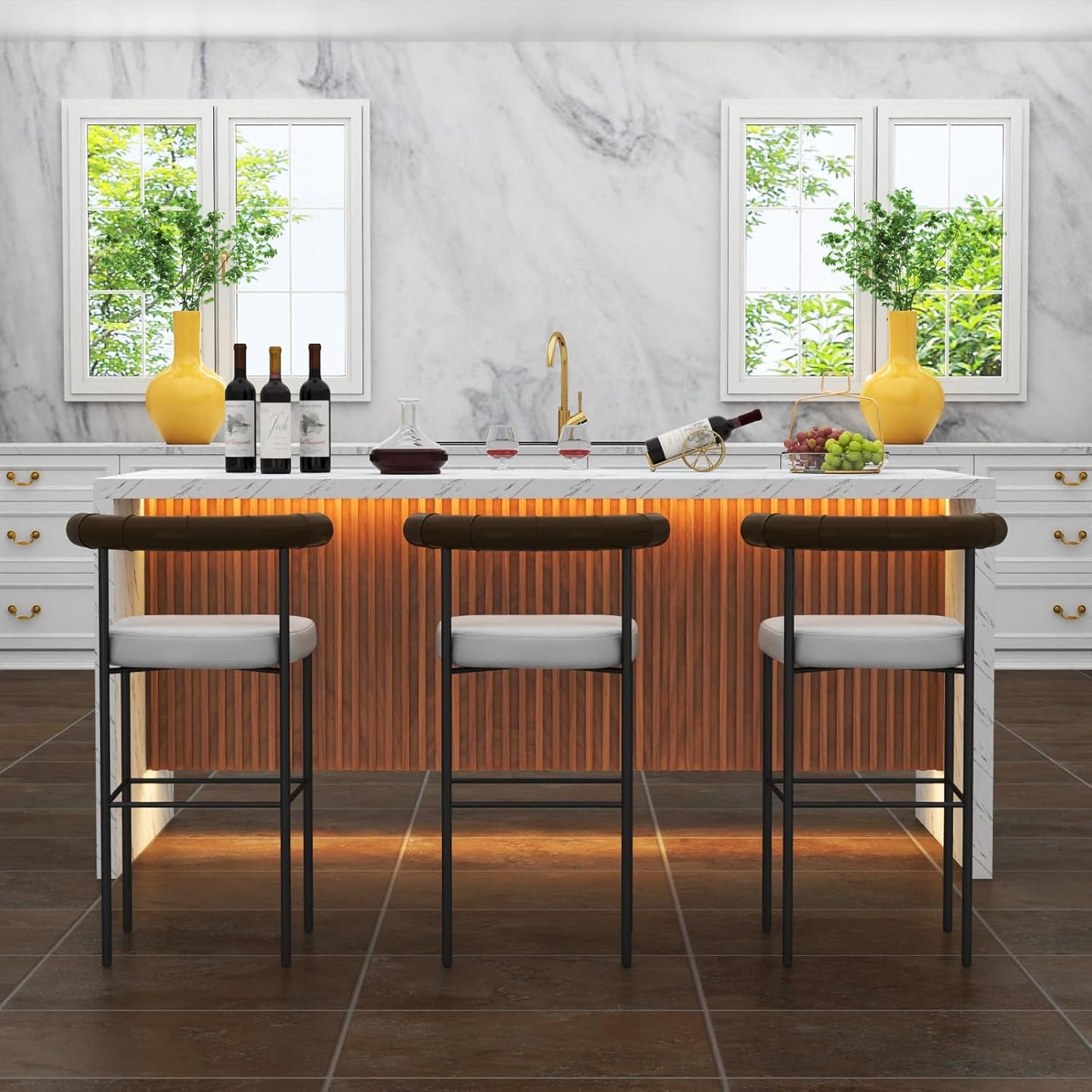 71" Large Imitation Marble Dining Table for 6-8 People(Patent Pending), Island Table with LED Lights, Mordern Marble Stripes Kitchen Dining Table with Grille Design for Dining Room,Living Room,White