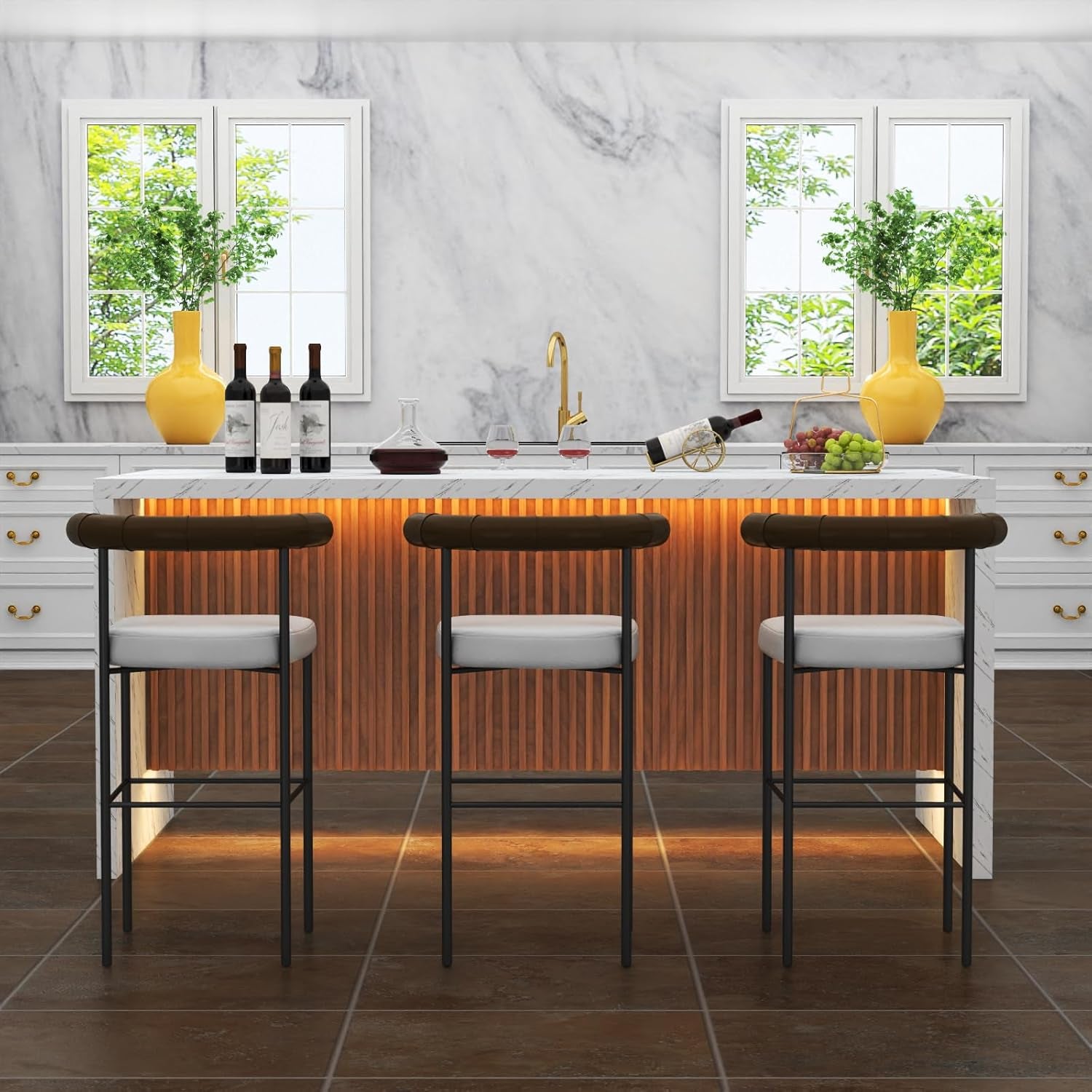 71" Large Imitation Marble Dining Table for 6-8 People(Patent Pending), Island Table with LED Lights, Mordern Marble Stripes Kitchen Dining Table with Grille Design for Dining Room,Living Room,White