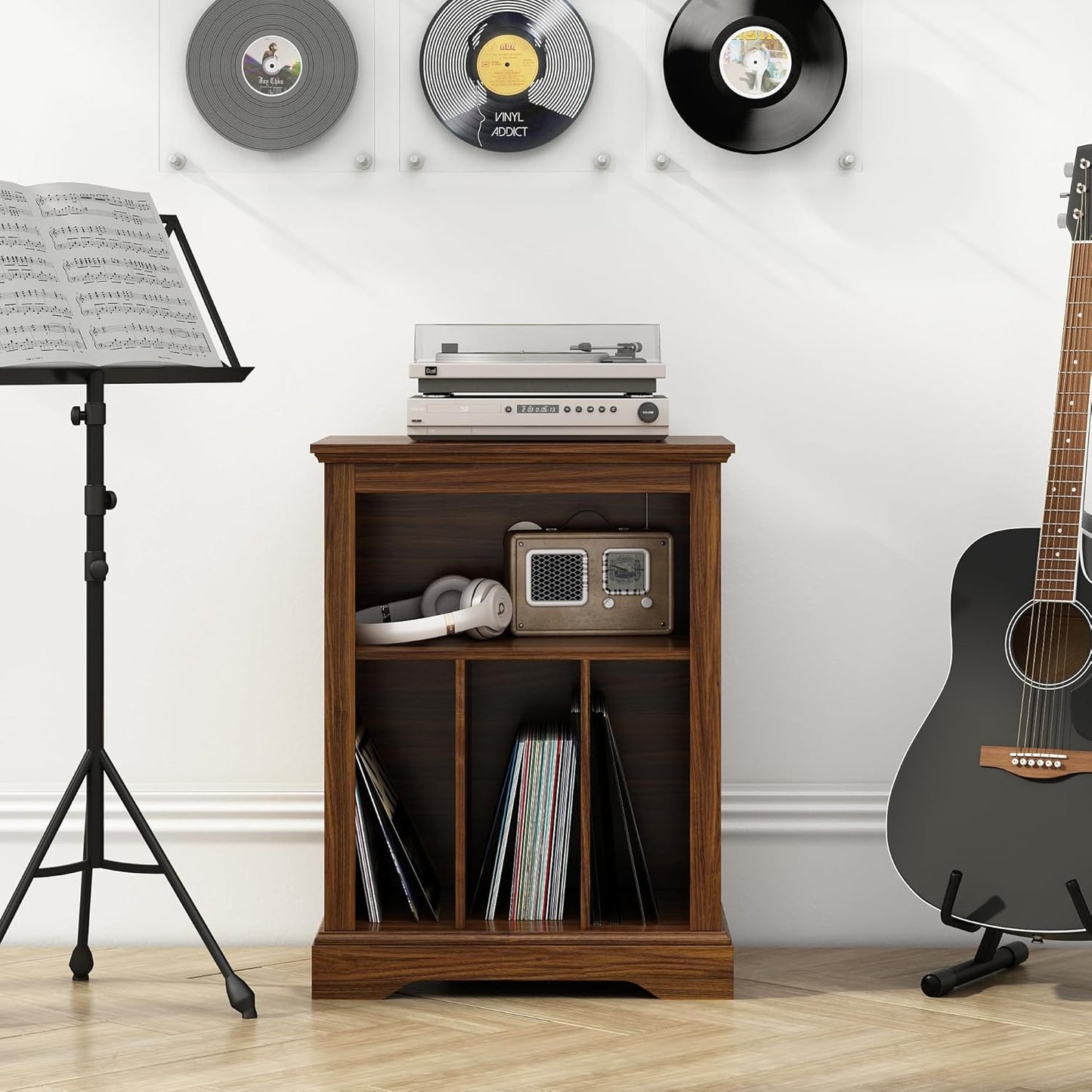 Farmhouse Record Player Stand, 3 Tier End Table, Turntable Stand with Vinyl Record Storage ,Wood Record Holder Cabinet Dispaly Shelf for Living Room,Bedroom,Rustic Brown