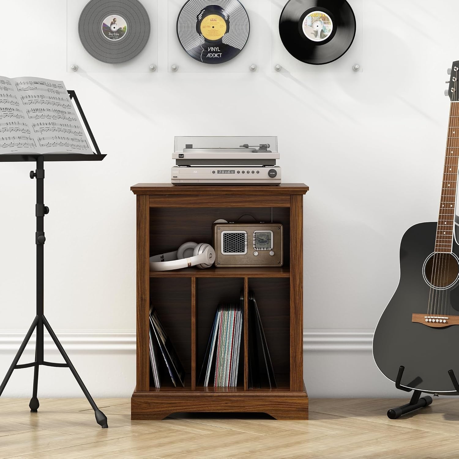 Farmhouse Record Player Stand, 3 Tier End Table, Turntable Stand with Vinyl Record Storage ,Wood Record Holder Cabinet Dispaly Shelf for Living Room,Bedroom,Rustic Brown