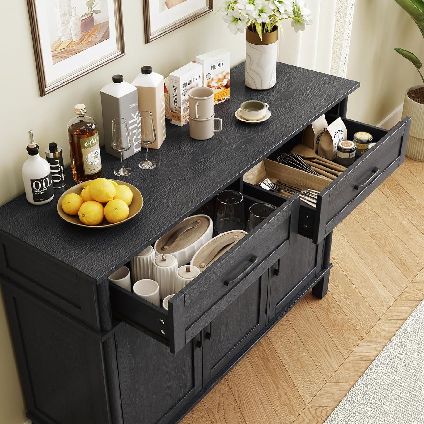 48 Inches Buffet Cabinet with Storage, Farmhouse Sideboard Buffet W/2 Drawers and 3 Doors, Wood Coffee Bar Cabinet with Adjustable Shelves, Sideboard Storage for Kitchen, Living Room, Black