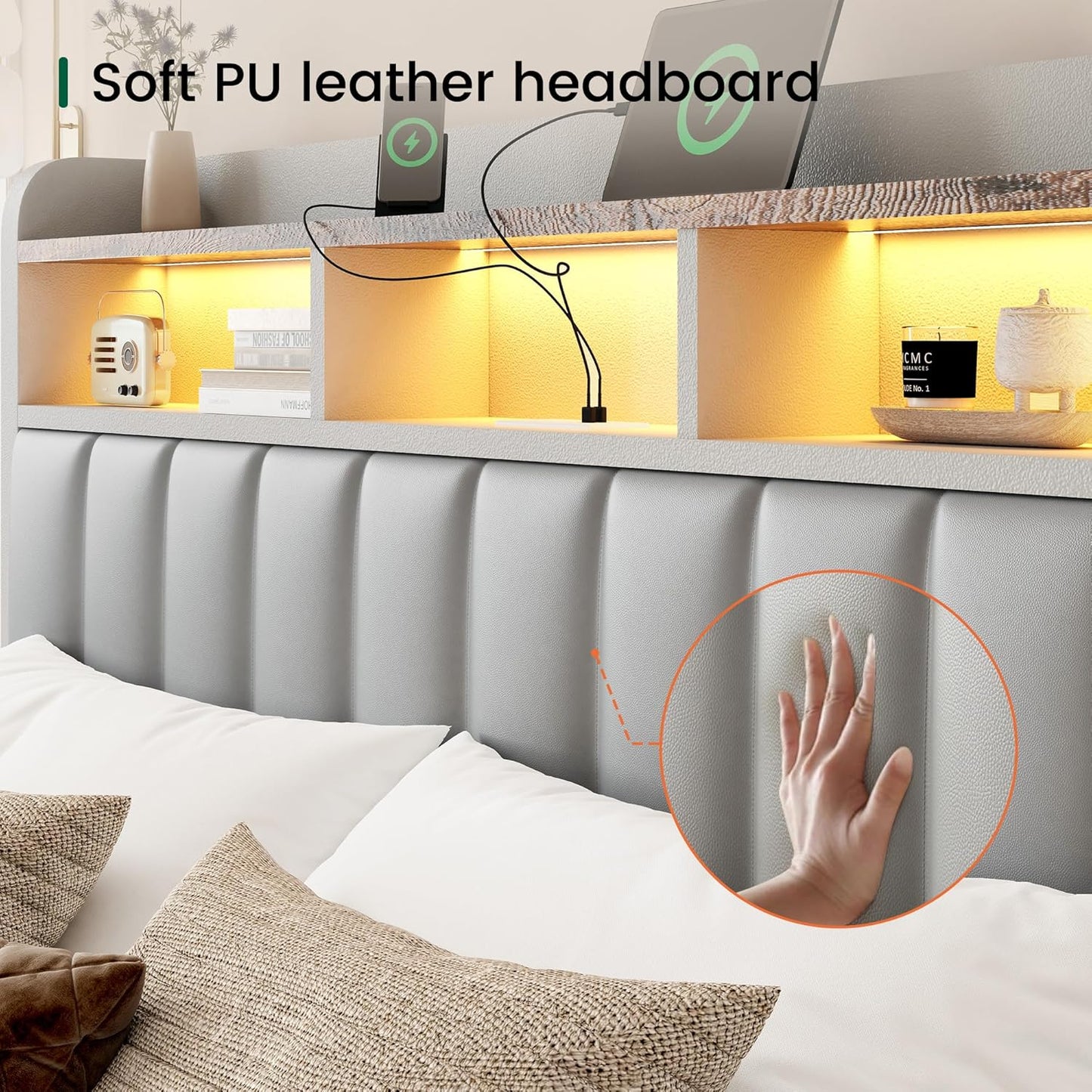 Queen Bed Frame with Headboard,4 Storage Drawers,And Built-In Adjustable Desk,Charging Station,Easy Assembly,No Box Spring Needed,Light Grey