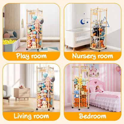 Stuffed Animal Storage & Holder, Natural Pine Wood Plushies Storage with Wheels, Large Capacity Stuffed Animal Zoo with Building Block Bag, Space save Toy Organizer for Nursery Playroom & Bedroom