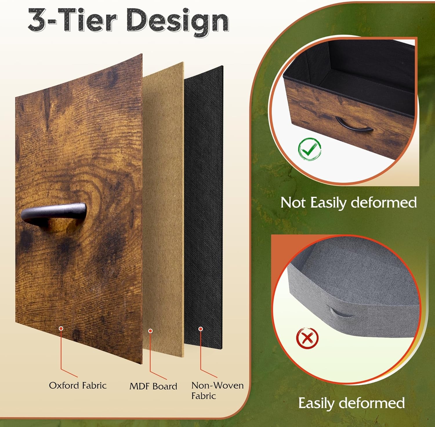 Fabric Dresser, 5-Drawer Tall Dresser for Bedroom, Storage Organizer with Fabric Bins, Wood Top, Sturdy Steel Frame, Chest of Drawers for Closet, Hallway, Rustic Brown Wood Grain Print