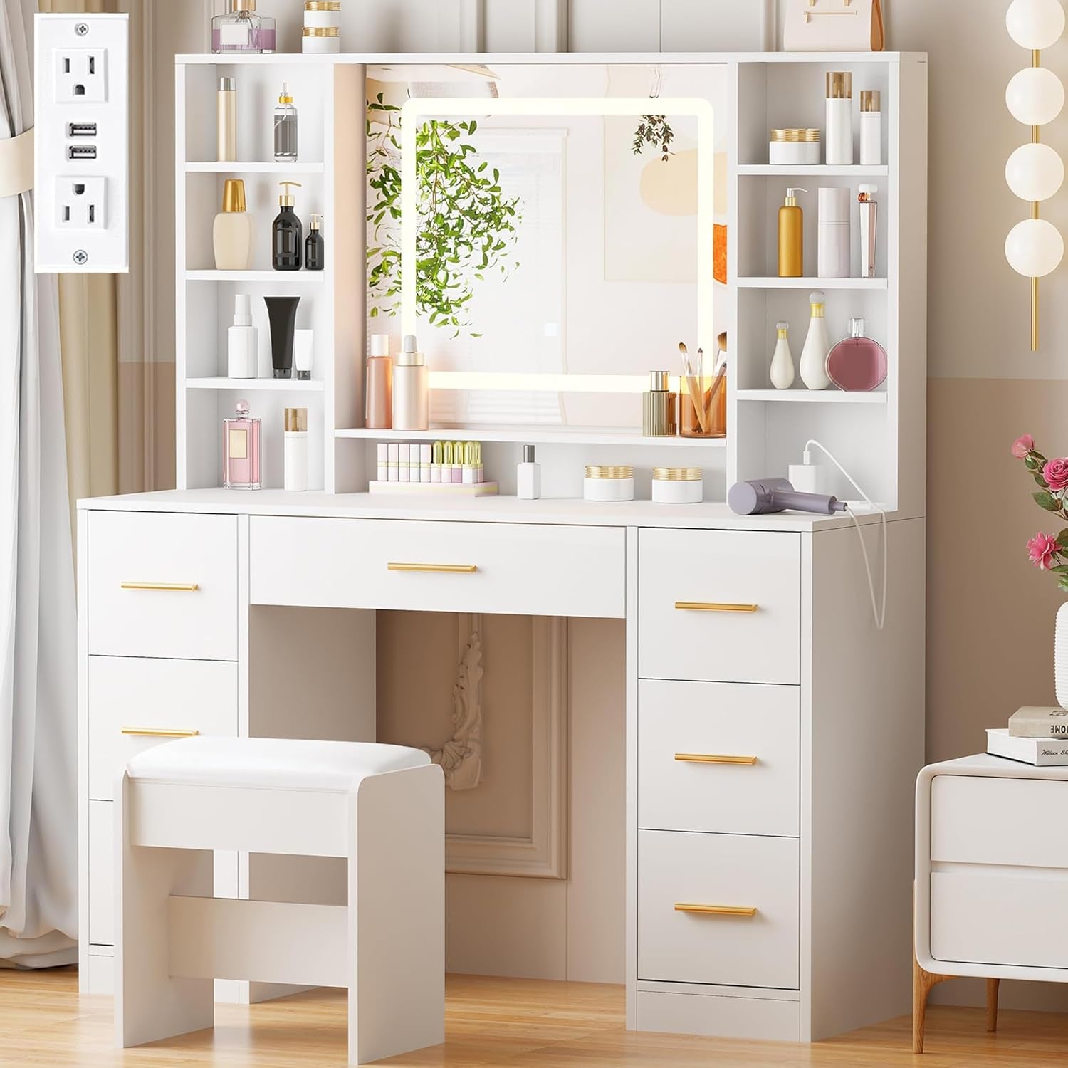Vanity Desk Table with Lighted Mirror 39.4“ Girls Makeup Vanity with Power Outlet 3 Colors Lighting Adjustable Brightness Vanity Table for Women Bedroom Dressing Room White UBDT65W