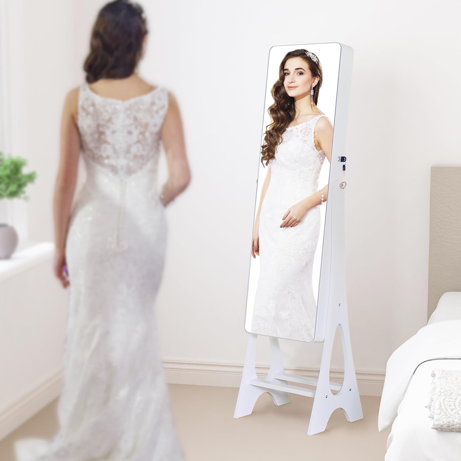 Mirror Jewelry Cabinet Standing, Full Length Mirror Jewelry Armoire Jewelry Organizer Lockable Jewelry Storage for Women Girl Full-Length Frameless LED Lights 6 Drawers Lockable White