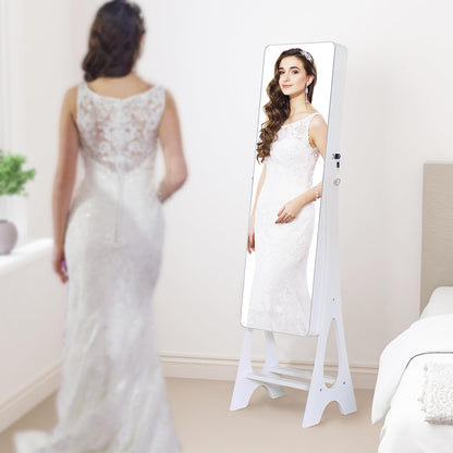 Mirror Jewelry Cabinet Standing, Full Length Mirror Jewelry Armoire Jewelry Organizer Lockable Jewelry Storage for Women Girl Full-Length Frameless LED Lights 6 Drawers Lockable White