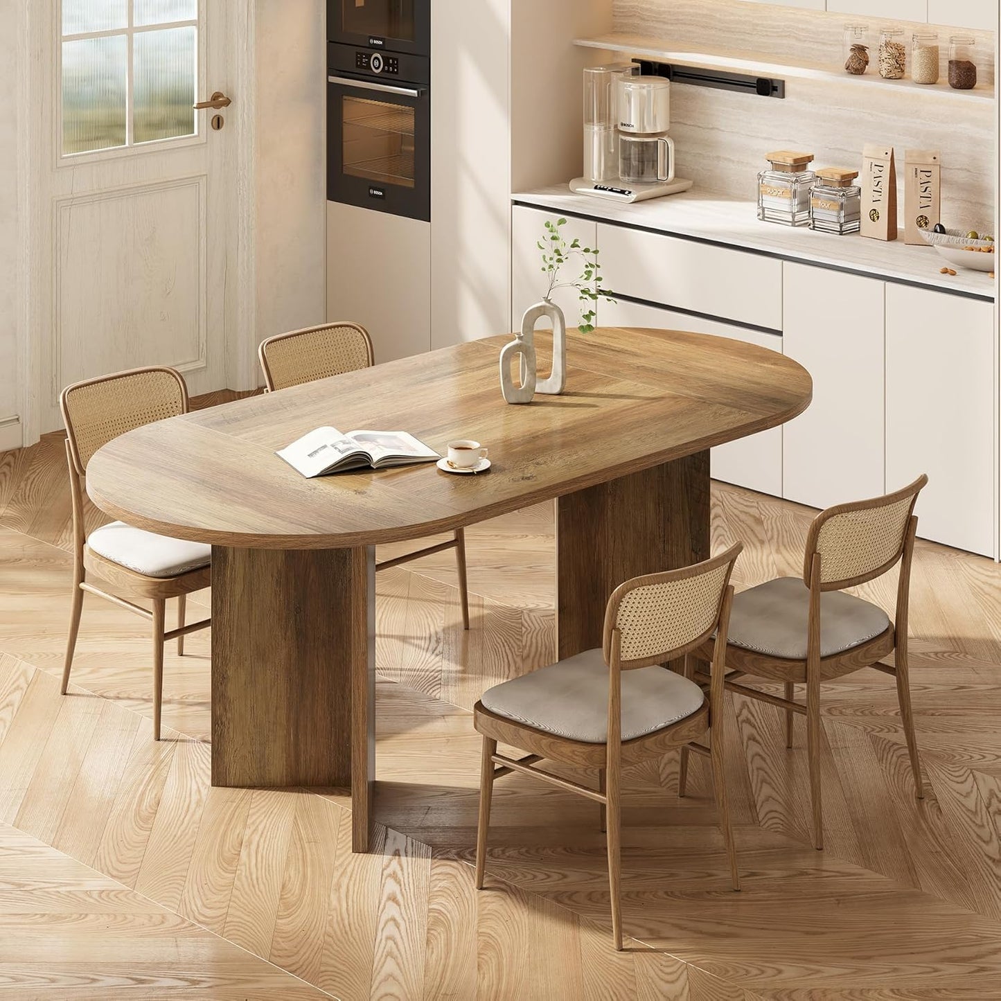 63" Rustic Oval Dining Table for 4-6, Sturdy MDF Farmhouse Kitchen Table with Metal Strip Base, for Living Room, Office, Restaurant, Multi-Use, Umber