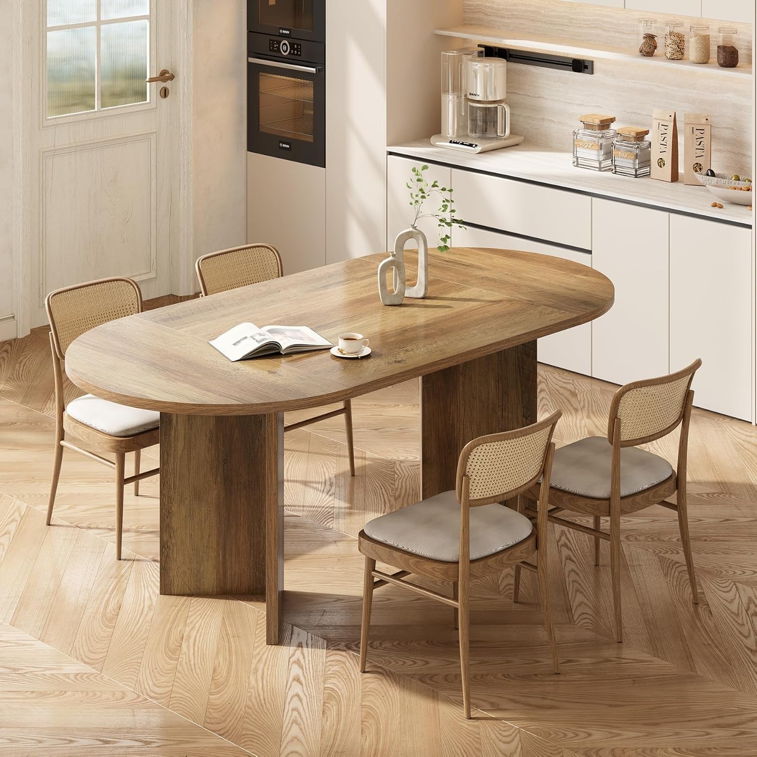 63" Rustic Oval Dining Table for 4-6, Sturdy MDF Farmhouse Kitchen Table with Metal Strip Base, for Living Room, Office, Restaurant, Multi-Use, Umber