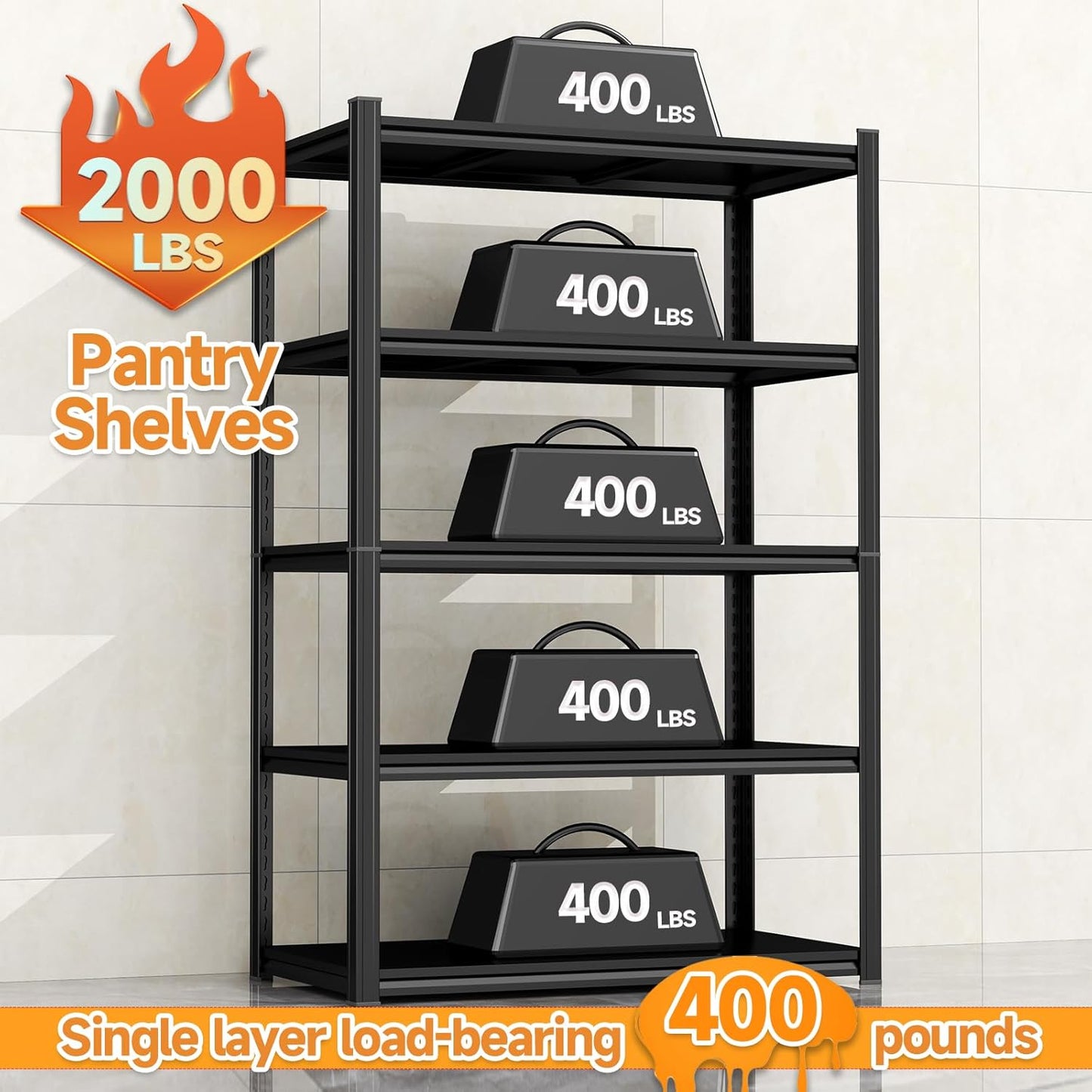 77.4" H Kitchen Shelving, Kitchen Storage Organization Metal Shelves Loads 2000LBS, Pantry Shelving Unit, 5-Tier Racks for Storage, Coffee Machine Storage Shelf Stand, Black