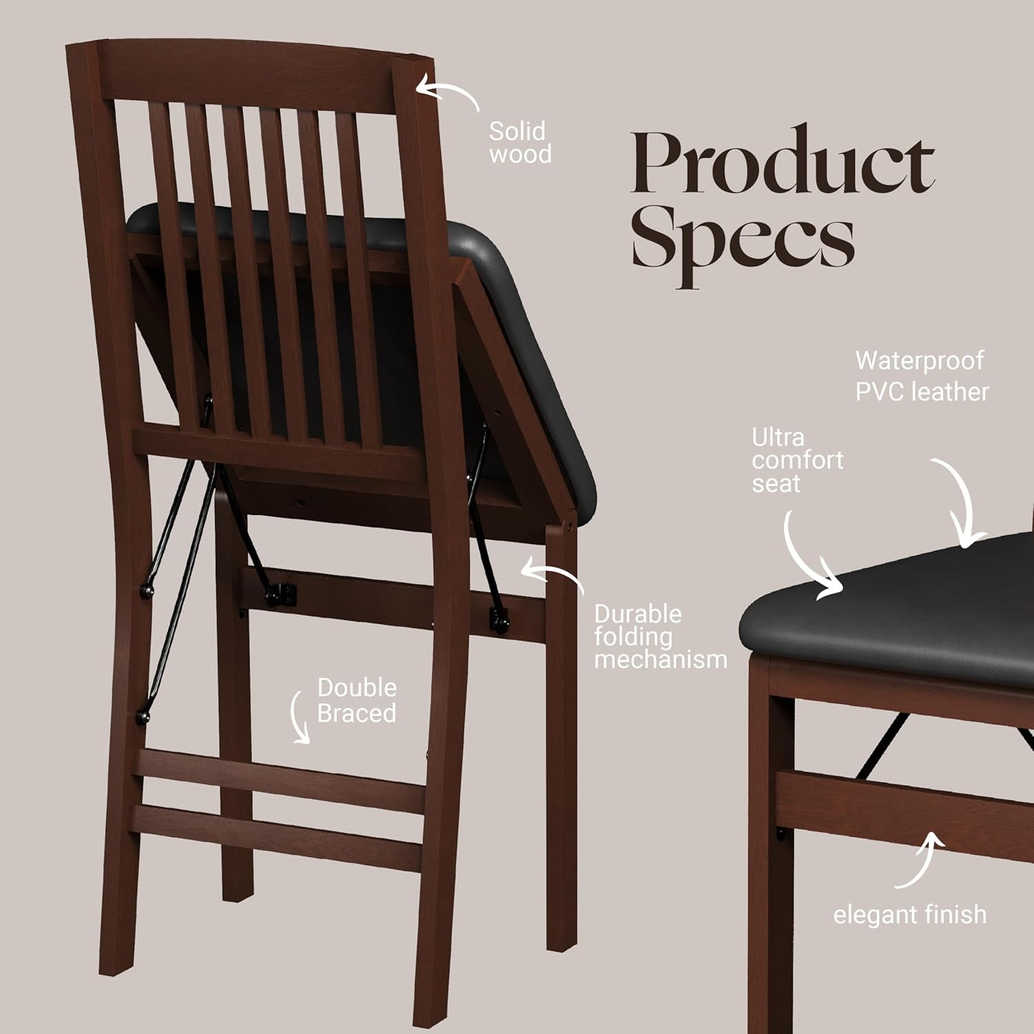 Compact Folding Wood Dining Chairs (Set of 2) – No Assembly, PU Leather Cushions, 400 Lb Load Capacity, Space-Saving Design for Apartment & Kitchen Use